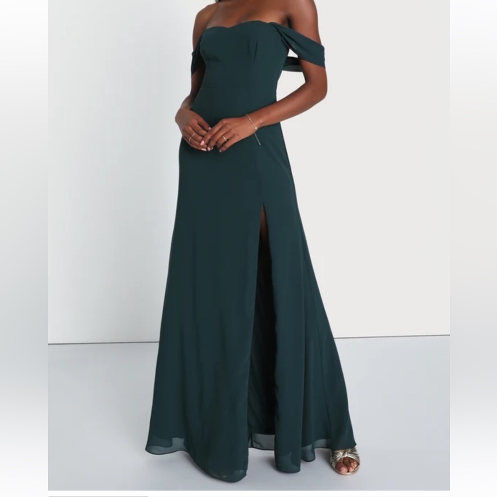 Lulus Magical Magnetism Hunter Green Off-the-Shoulder Maxi Dress